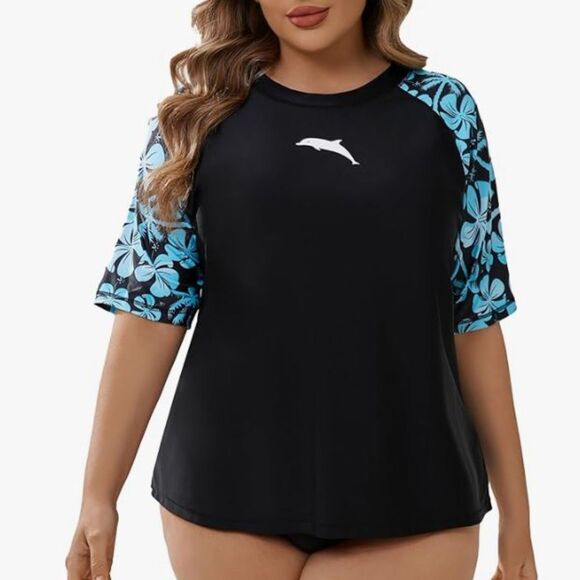 NEW Halcurt Womens Rash Guard Swim Shirt Palm Tree Logo Built In Bra 3X NWT - Picture 1 of 7